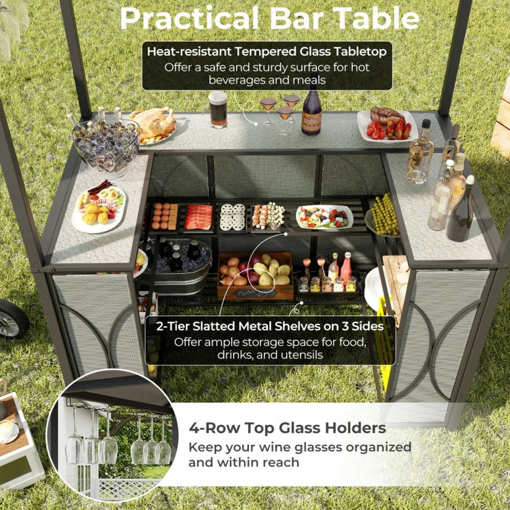 Spaco 3-Piece Patio Bar Set with A Heat-Resistant Tempered Glass Top, Grill Gazebo & 2 Bar Stools with Tempered Glass Bar Table, Bar Set for Outdoor, Brown