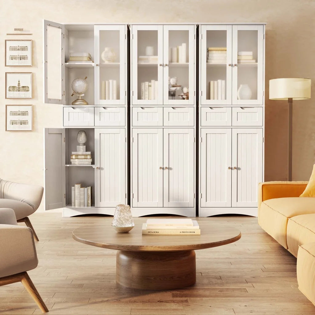 Aiho 67" Kitchen Pantry Storage Cabinet, Pantry Storage Cabinet with 2 Drawers and Glass Doors for Kitchen, Dining Room - White