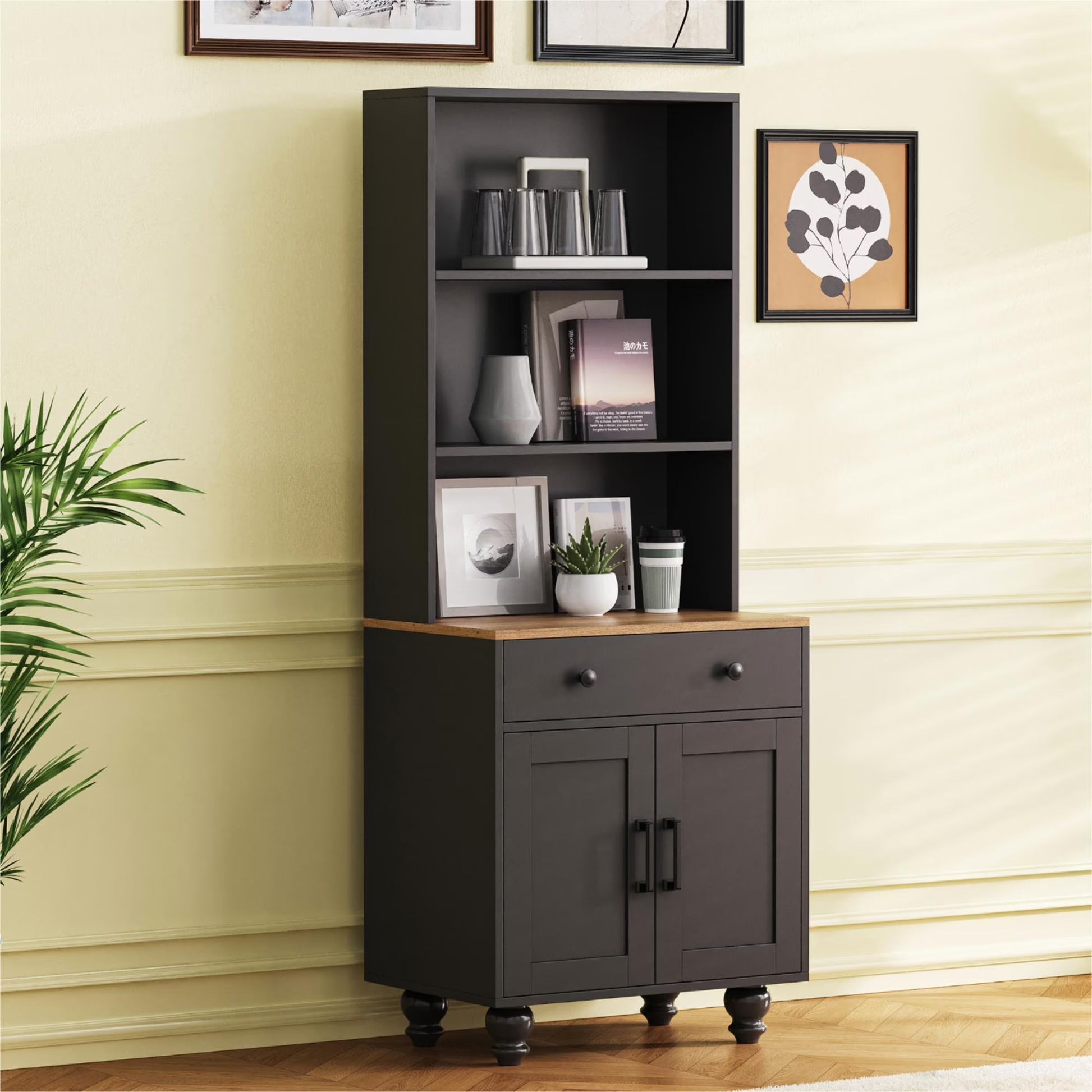 Euroco 110" Entertainment Center Wall Unit Set with Glass Display Cabinets, Adjustable Shelves & Vintage TV Stand for TVs up to 85", Farmhouse Style Media Console with Storage, Gourd Legs