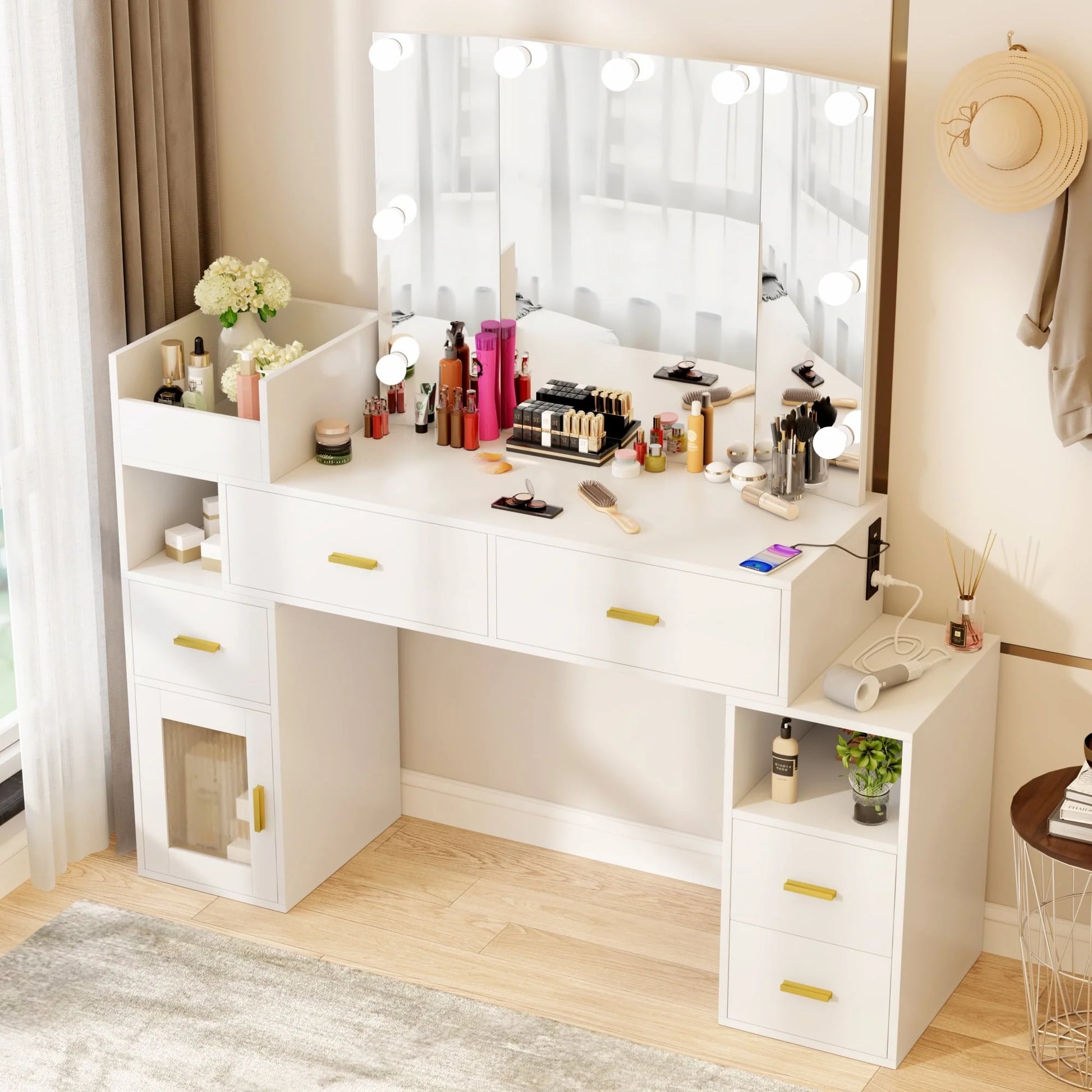 VIVISPECIAL Vanity Set with Lighted Mirror, Makeup Vanity with 3 Lighting Options and Charging Station, Large Vanity Desk with Storage Shelves, 5 Drawers, Glass Cabinet