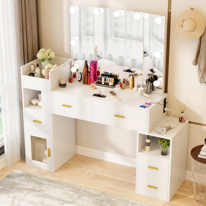 VIVISPECIAL Vanity Set with Lighted Mirror, Makeup Vanity with 3 Lighting Options and Charging Station, Large Vanity Desk with Storage Shelves, 5 Drawers, Glass Cabinet