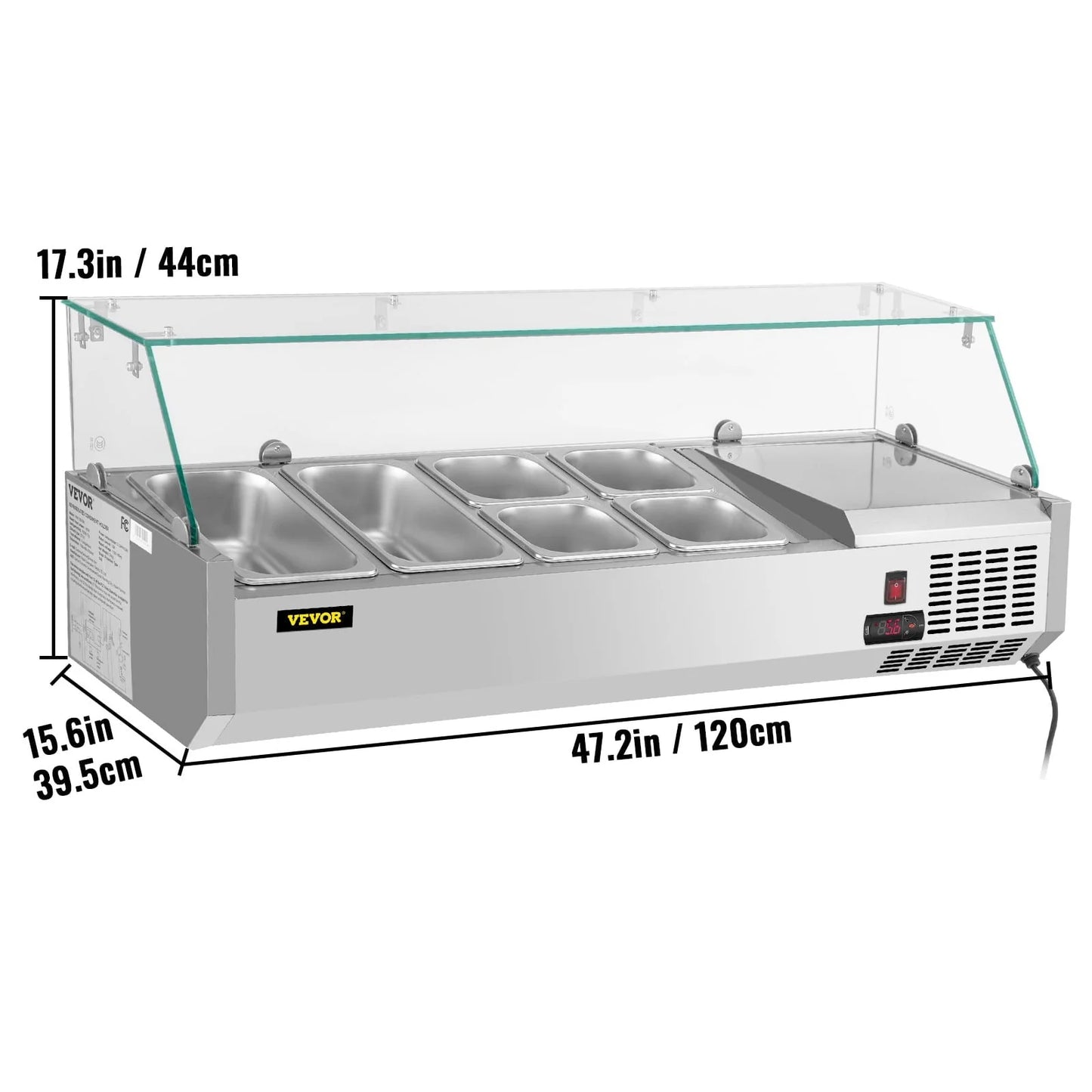 Refrigerated Condiment Prep Station, 48-inch, 10.8Qt Sandwich/Salad Prep Table w/3 1/3 Pans & 4 1/6 Pans, 146W Salad Bar w/304 Stainless Body Tempered Glass Shield Digital Panel Auto Defrost