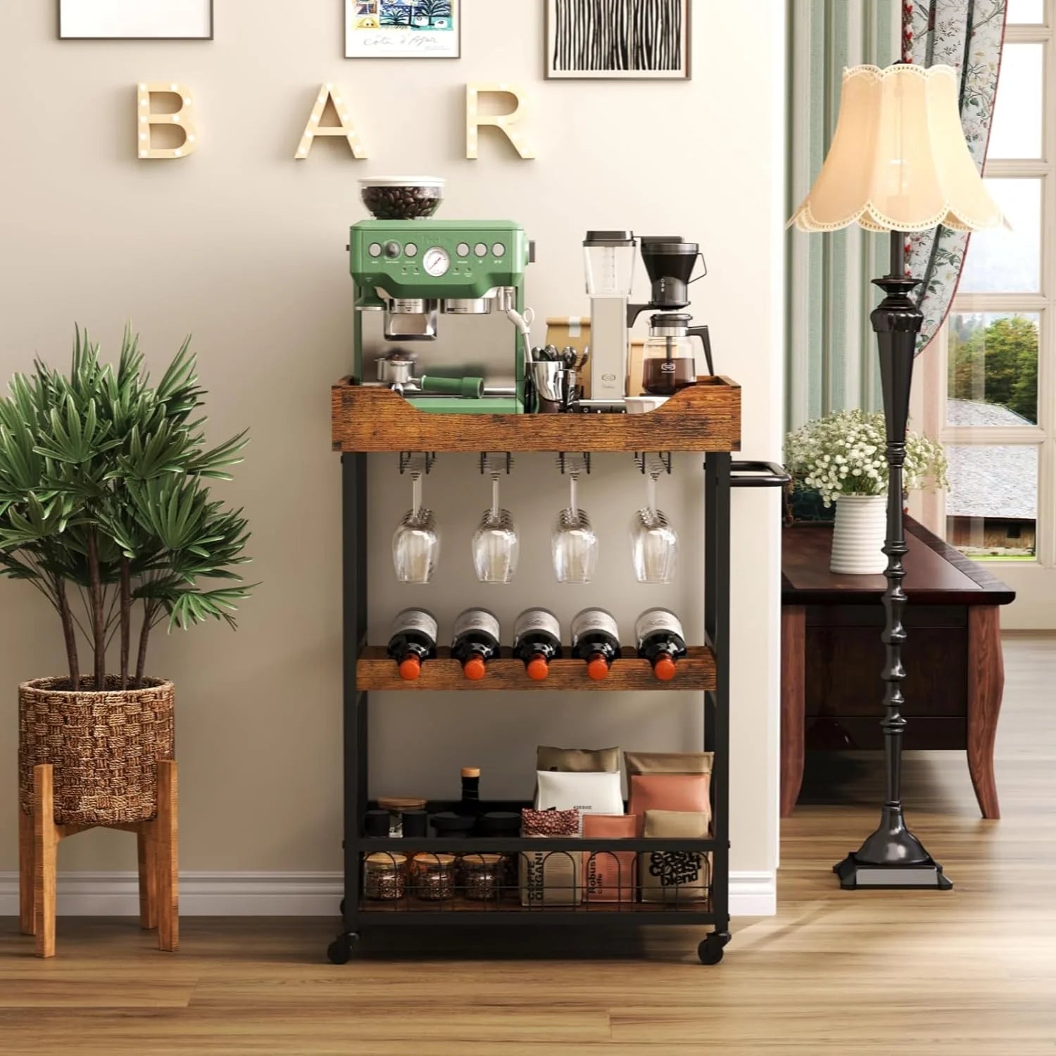 x-Cosrack 3 Tier Home Bar Cart with Wine Rack and Glasses Holder, Mobile Kitchen Storage on Wheels, Brown
