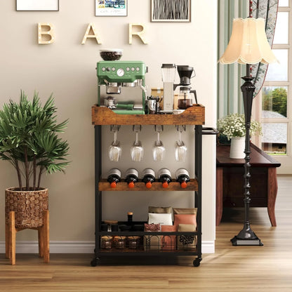 x-Cosrack 3 Tier Home Bar Cart with Wine Rack and Glasses Holder, Mobile Kitchen Storage on Wheels, Brown