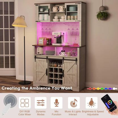 72" Farmhosue Coffee Bar Cabinet with Storage, Tall Kitchen Buffet with Hutch & Wine & Glasses Rack, Sliding Barn Door, Charging Station, RGB Lighting, 12 Storage Shelves, Sideboard Table