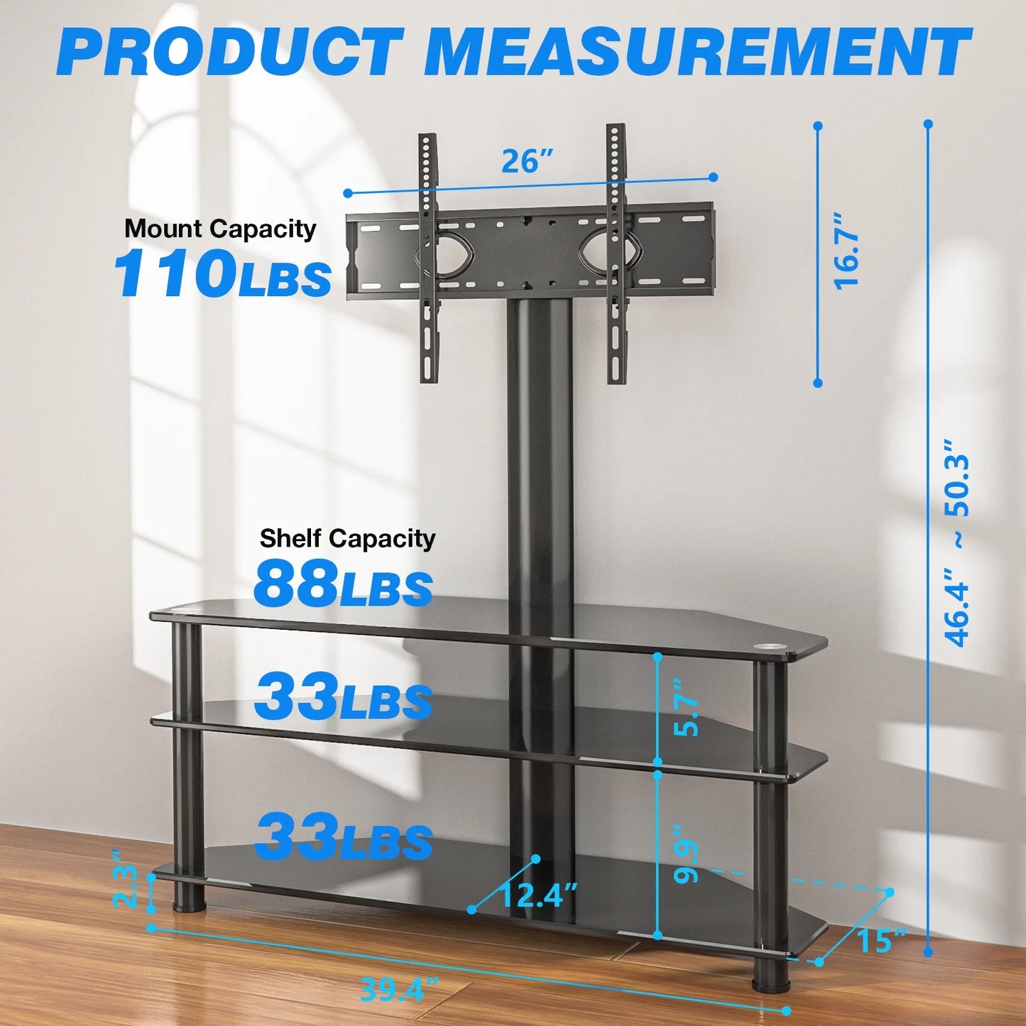 RTVR Modern 3 in 1 TV Stand with Mount for Flat Screens up to 65 inch, Black Glass Corner TV Stand for Bedroom