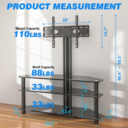 RTVR Modern 3 in 1 TV Stand with Mount for Flat Screens up to 65 inch, Black Glass Corner TV Stand for Bedroom