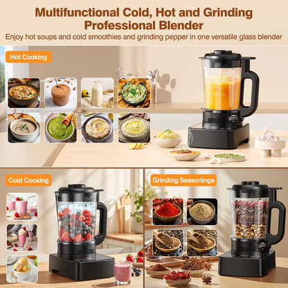 PRASKY Countertop Blender with Heating, 53oz Glass Jar, Nut Milk Maker, Homemade Soy, Soup, Ice, Multifunction Blender for Kitchen with Portable Metal Insulated Cup (Black)