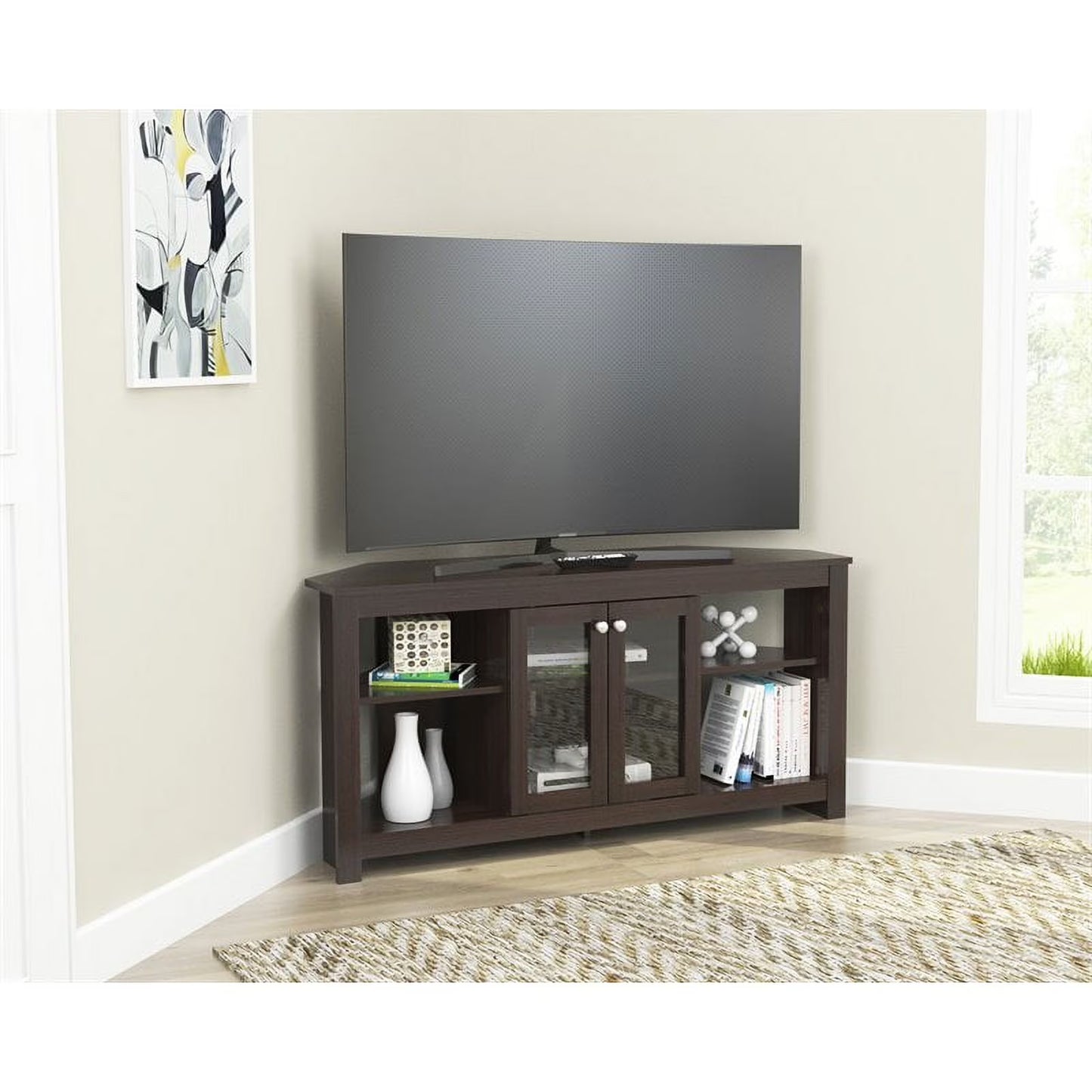 Inval Corner Laminate 60° TV Stand with Glass Doors, White