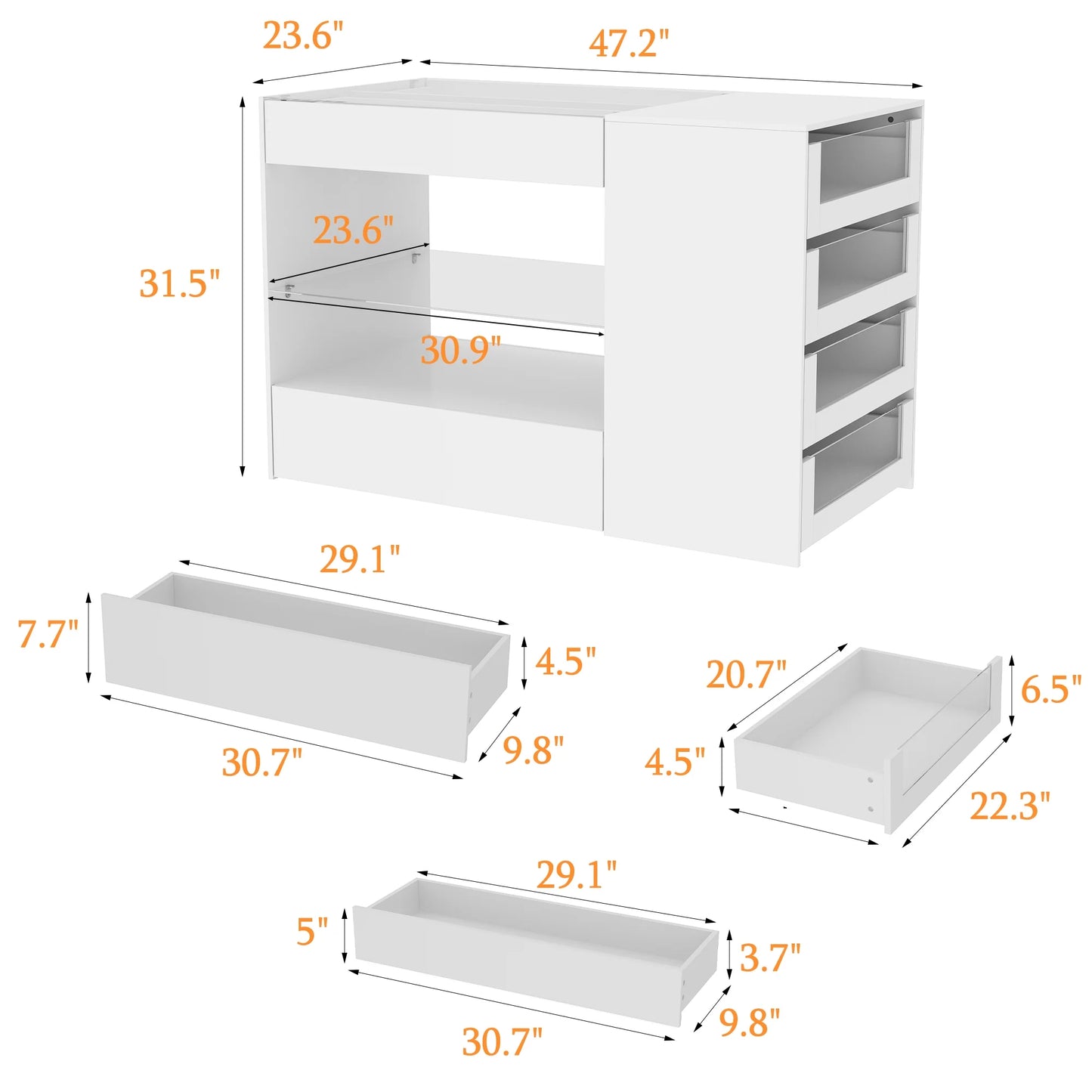 KULAGAGA Closet Island with Glass Top & 8 Drawers,Wardrobe Armoire Island for Walk-in Closet, Store Dressing Room, 47.2° W x 23.6° D x 31.5° H