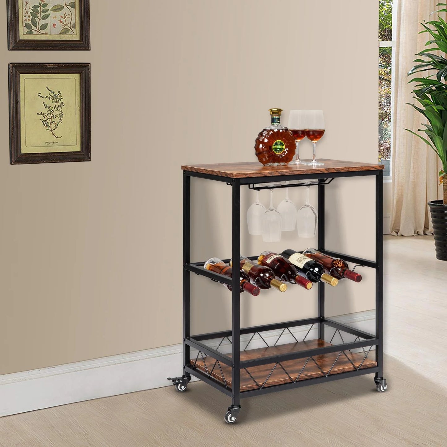 Ktaxon 3 Tier Kitchen Trolley Bar Carts for Home Bar Serving Cart w/Wine Rack & Glass Holder, Wheels, Vintage Brown