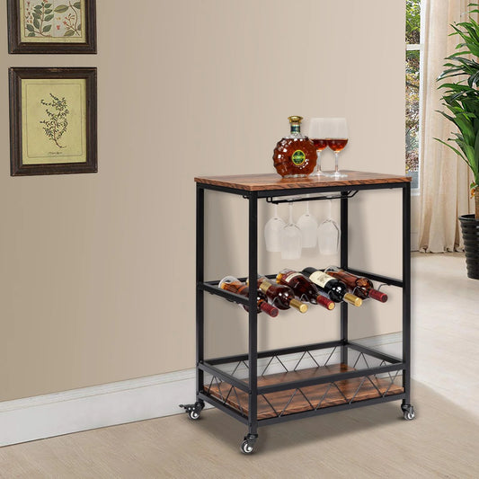 Ktaxon 3 Tier Kitchen Trolley Bar Carts for Home Bar Serving Cart w/Wine Rack & Glass Holder, Wheels, Vintage Brown
