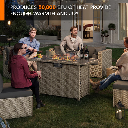 MRUAKA 8 Pieces Patio Furniture Set with Fire Pit Table, Outdoor Furniture Sectional Rattan Sofa with Slanted Back, Patio Couch with Glass Coffee Table for Backyard Garden (Dark Grey)