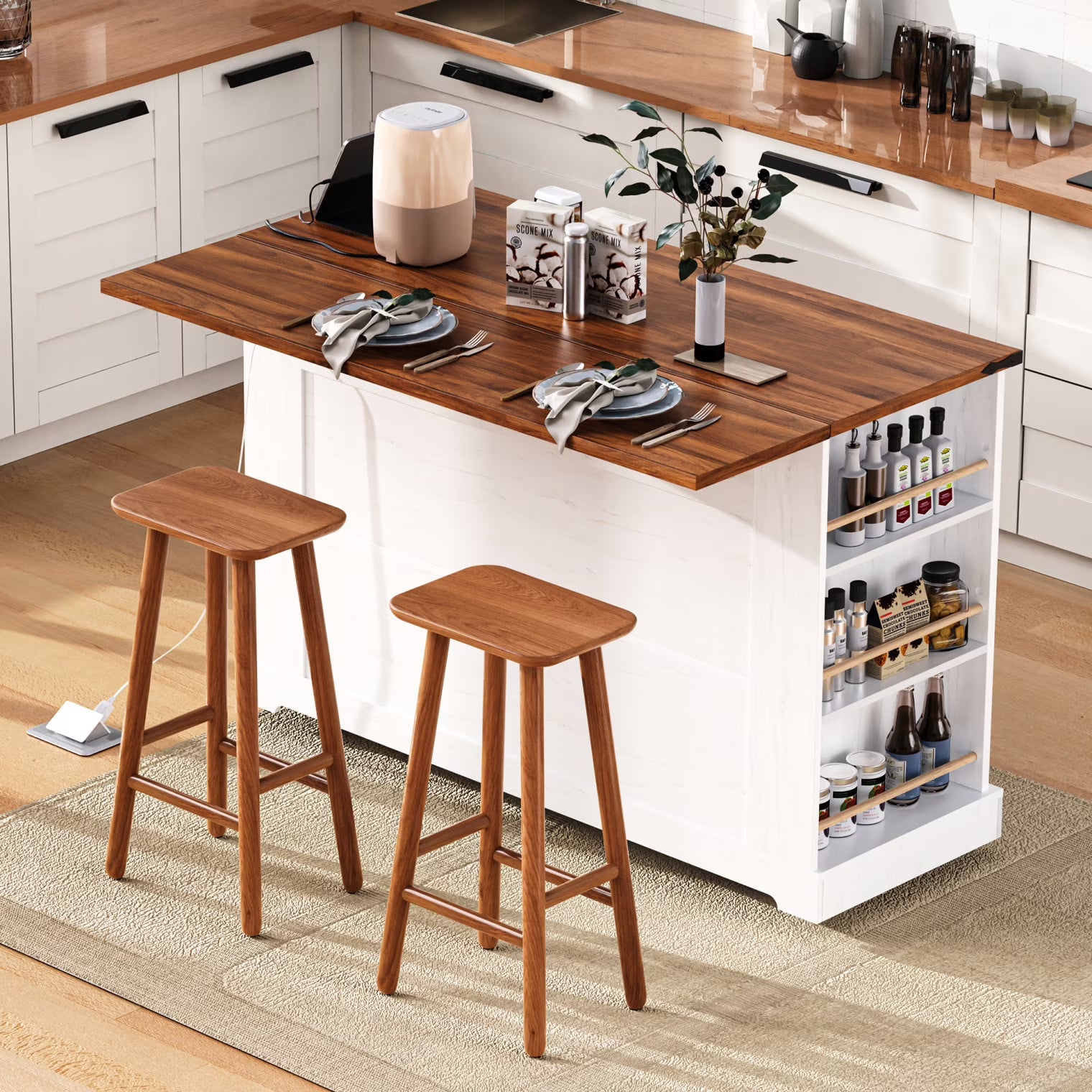 53'' Farmhouse Kitchen Island with Two Tempered Glass Cabinet Doors, Kitchen Rolling Island with Power Outlet 5 Open Side Racks and 3 Drawers,Mobile Island Table for Kitchen, Dining Room,Black