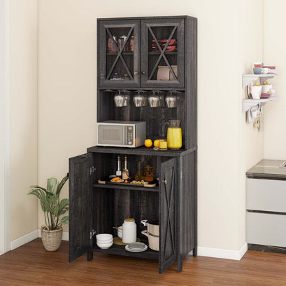 DEXTRUS Farmhouse Kitchen Pantry Storage Cabinet with Doors & Glass Holder, Dark Oak