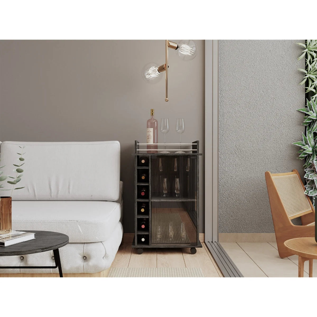 32" H carbon espresso bar-coffee cart, Kitchen or living room cabinet storage with with 4 wheels, with 6 bottle racks, a central shelf covered by 1 glass door, 1 support surface with aluminum front.