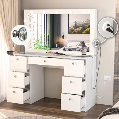 Ibbie Modern Vanity Table 7 Drawers Lights Mirror Crystal Knobs Glass Top White Painted for Bedroom