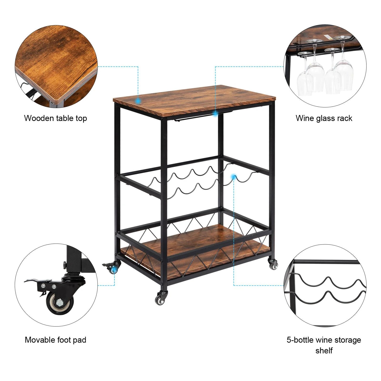 Ktaxon 3 Tier Kitchen Trolley Bar Carts for Home Bar Serving Cart w/Wine Rack & Glass Holder, Wheels, Vintage Brown