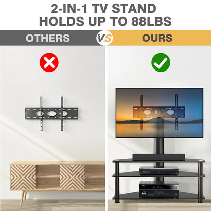 RTVR Modern 3-in-1 Flat Panel TV Stand for TVs up to 75 inch, Black Glass Shelves Table with Swivel Mount