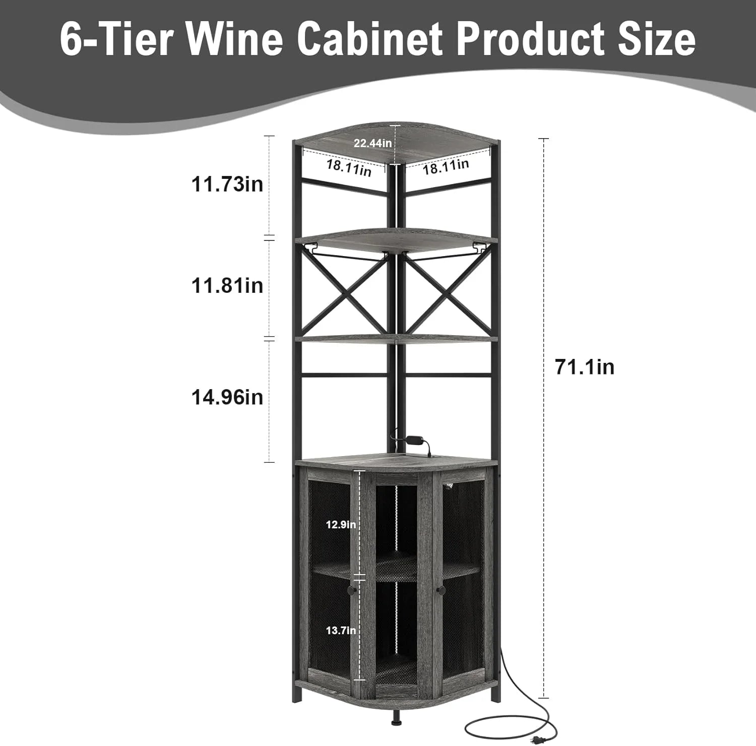 Frmobepts Corner Bar Cabinet with Power Outlet, 6-Tiers Industrial Wine Cabinet with LED Strip and Glass Holder for Living Room, Kitchen, Grey