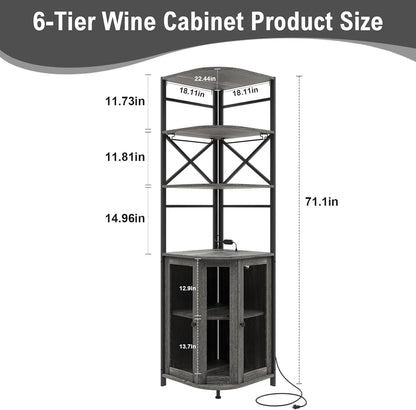 Frmobepts Corner Bar Cabinet with Power Outlet, 6-Tiers Industrial Wine Cabinet with LED Strip and Glass Holder for Living Room, Kitchen, Grey