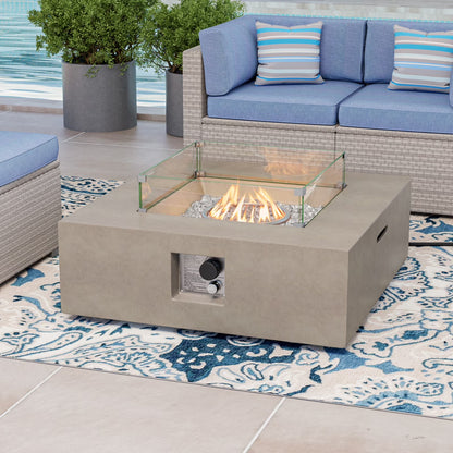 COSIEST 35" Square Concrete Fire Pit Table with Fire Glass & Wind Guard