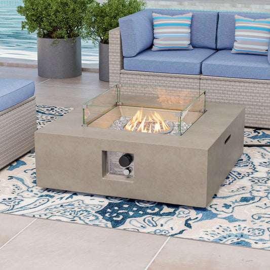 COSIEST 35" Square Concrete Fire Pit Table with Fire Glass & Wind Guard