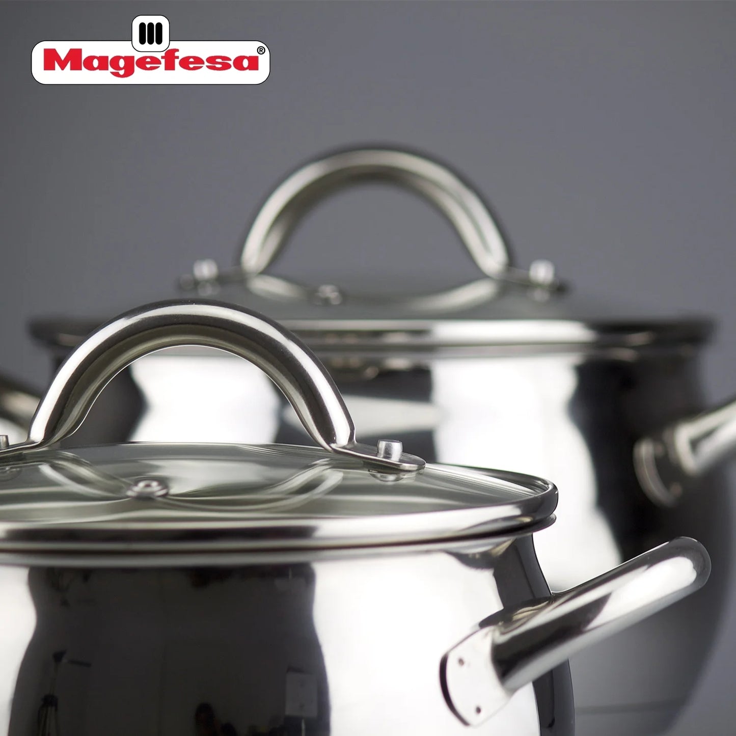 Magefesa Kuchen 9-Piece Stainless Steel Cookware Set, Includes Four Pots and a Frying Pan with Glass Lids and Ergonomic Handles, Suitable for All types of Stovetops including Induction