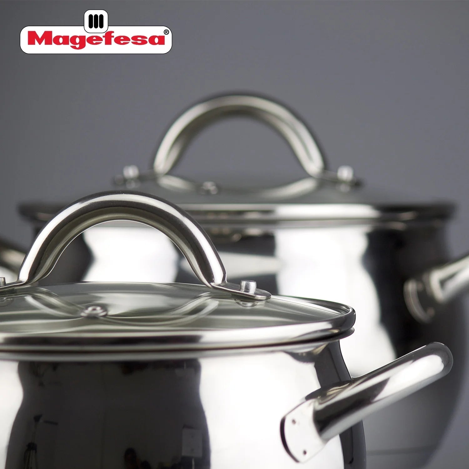 Magefesa Kuchen 9-Piece Stainless Steel Cookware Set, Includes Four Pots and a Frying Pan with Glass Lids and Ergonomic Handles, Suitable for All types of Stovetops including Induction