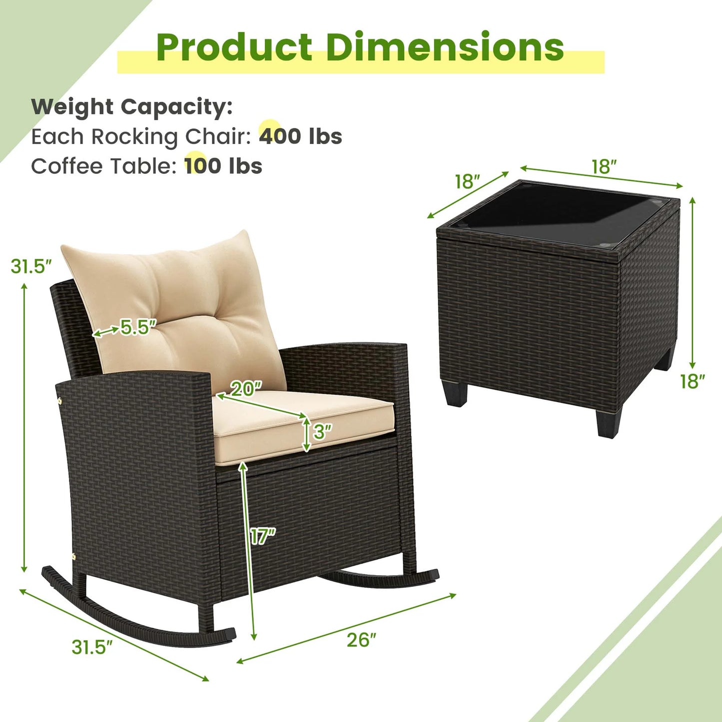 Costway 3 PCS Patio Wicker Rocking Set with Tempered Glass Table & Soft Cushions Outdoor Beige