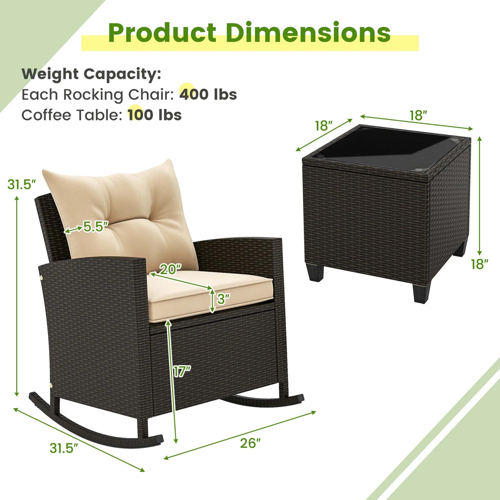 Costway 3 PCS Patio Wicker Rocking Set with Tempered Glass Table & Soft Cushions Outdoor Beige