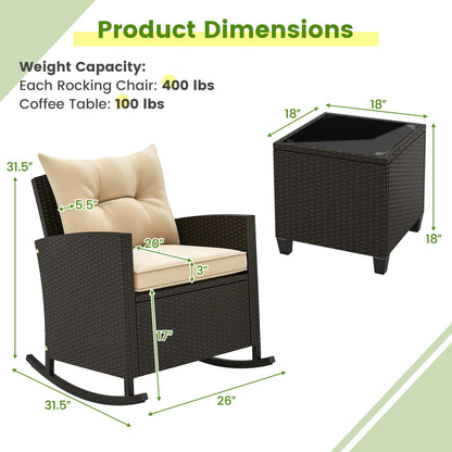 Costway 3 PCS Patio Wicker Rocking Set with Tempered Glass Table & Soft Cushions Outdoor Beige