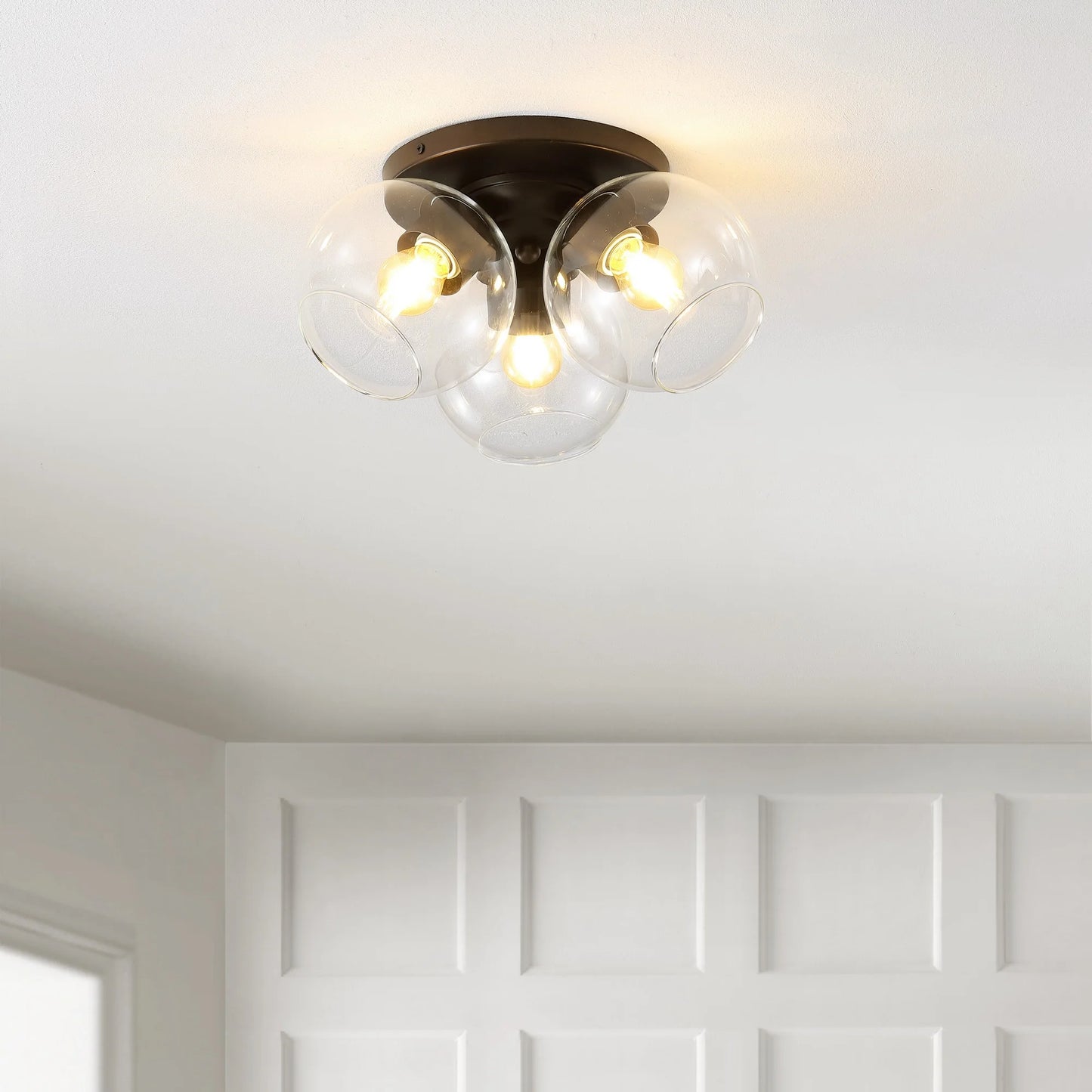 JONATHAN Y Iris 11.5" 3-Light Farmhouse Rustic Iron/Glass LED Semi Flush Mount, Oil Rubbed Bronze/Clear