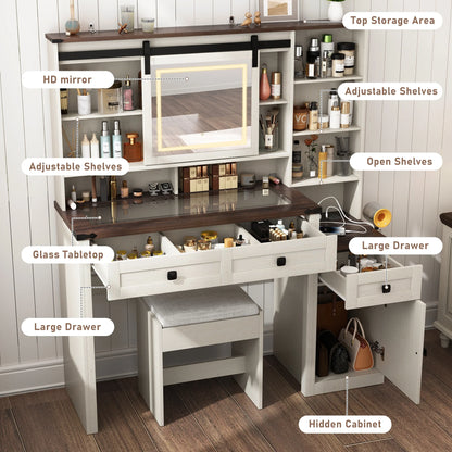 Blotout 47.2" Farmhouse Rustic Makeup Vanity Desk with Sliding Mirror and Lights, Glass Top Vanity Set with Charging Station & 3 Drawers & 1 Cabinet & Stool, Big Vanity (White)