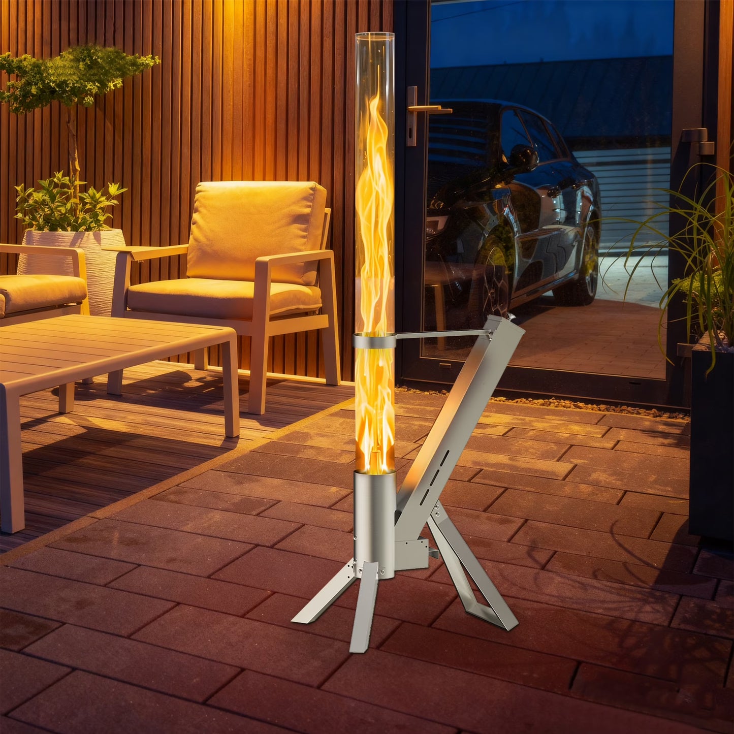 Enyopro 2 Piece Outdoor Smokeless Pellet Heater, Portable 430 Stainless Steel Glass Tube, Patio Pellet Torch with Tripod, Upgraded Ashtray, Eco-Friendly Wood Heater for Backyard, Patio, Camping