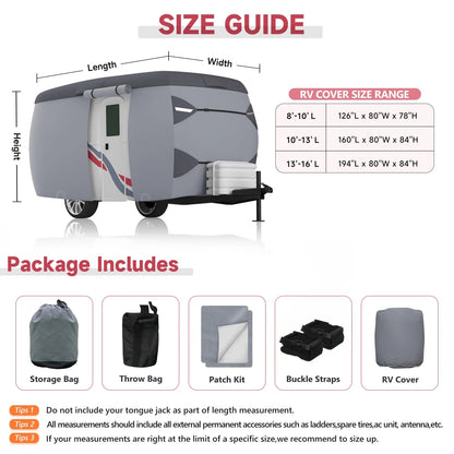 Fiberglass Travel Trailer Cover for 8'-10' 80" Wide Camper Cover 7 Layers Top RV Cover Windproof Strap Adhesive Repair Patches