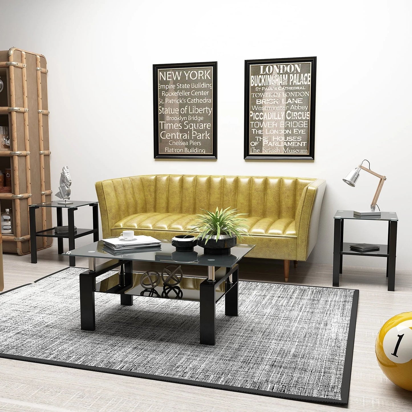 Black Glass Coffee Table Set of 3 Piece, Living Room Table Set of 3, Black Coffee Table and End Coffee Table Sets, Metal Frame (All Black A, Set of 3)
