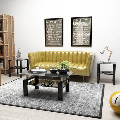 Black Glass Coffee Table Set of 3 Piece, Living Room Table Set of 3, Black Coffee Table and End Coffee Table Sets, Metal Frame (All Black A, Set of 3)
