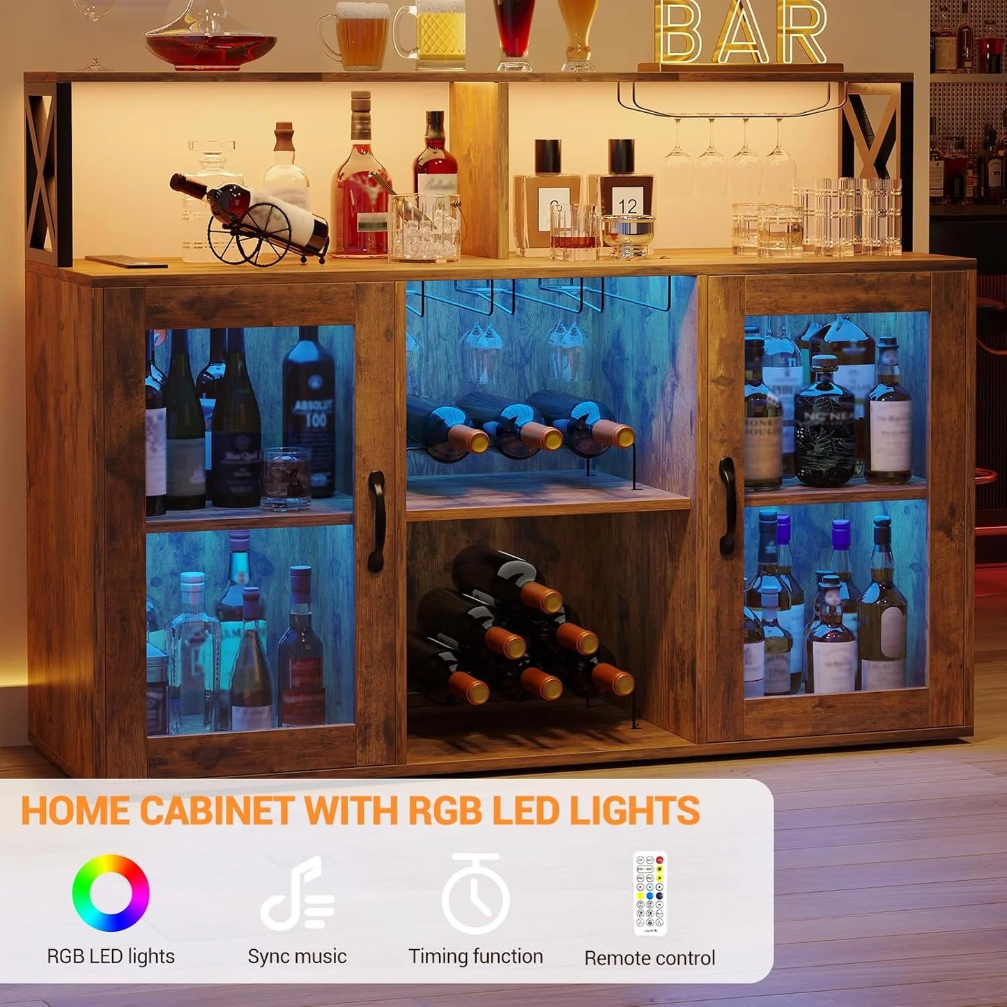 Home Wine Bar Cabinet with LED Light, Industry Coffee Bar Cabinet with Wine Rack, Glass Holder, and Power Outlets, Kitchen Sideboard Buffet Cabinet for Living Room Dining Room