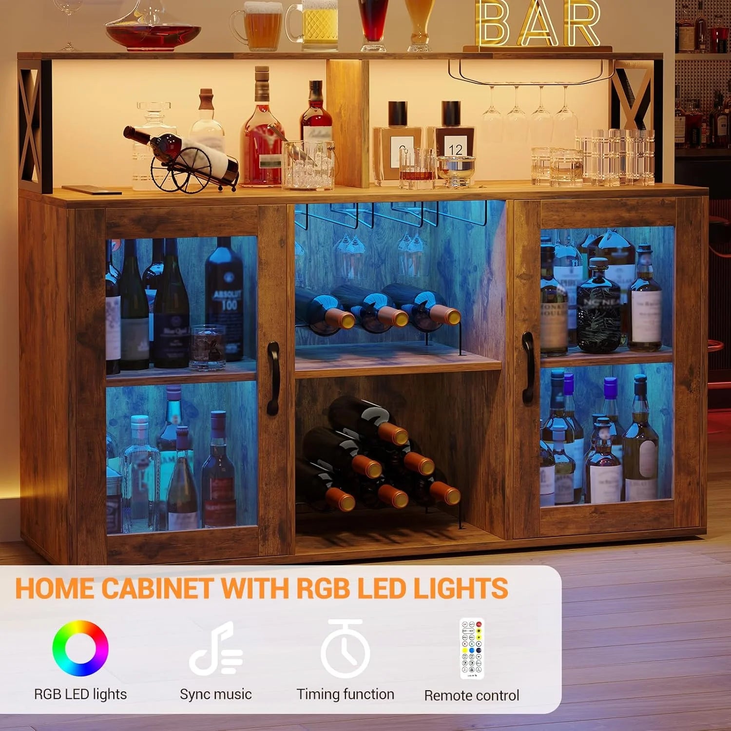 Home Wine Bar Cabinet with LED Light, Industry Coffee Bar Cabinet with Wine Rack, Glass Holder, and Power Outlets, Kitchen Sideboard Buffet Cabinet for Living Room Dining Room