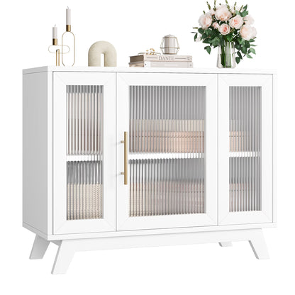 Modern Sideboard Buffet Cabinet with Fluted Glass Doors, 36'' Storage Cabinet with Adjustable Shelf, Wooden Coffee Cabinet, Accent Cabinet for Kitchen, Living Room