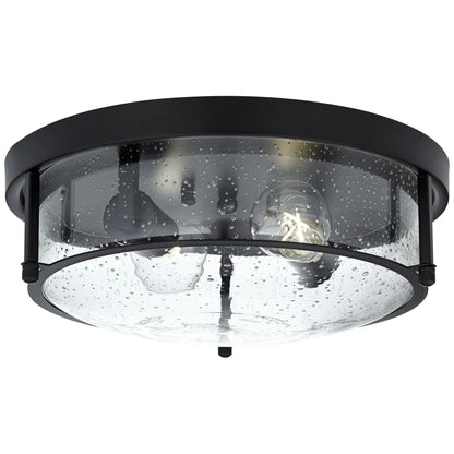 Franklin Iron Works Midnight 13" Modern Flush-Mount Ceiling Light Fixture Kitchen Foyer Hallway Round 2-Light Black Seeded Glass