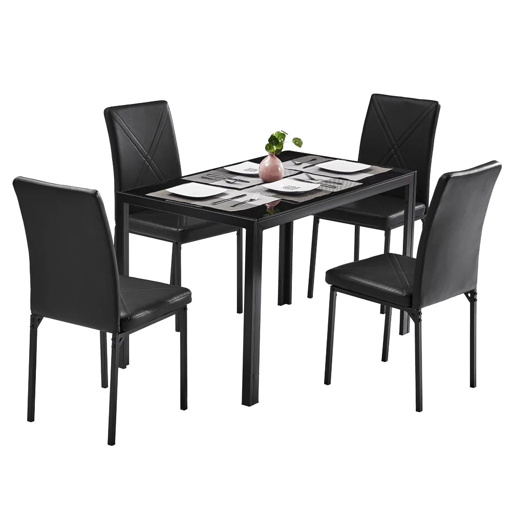 PAPROOS Glass Dining Table, Modern Rectangular Dining Room Table, Kitchen Tempered Glass Dining Table with 4 Square Metal Legs, Heavy Duty Dinette Table for 4, Black