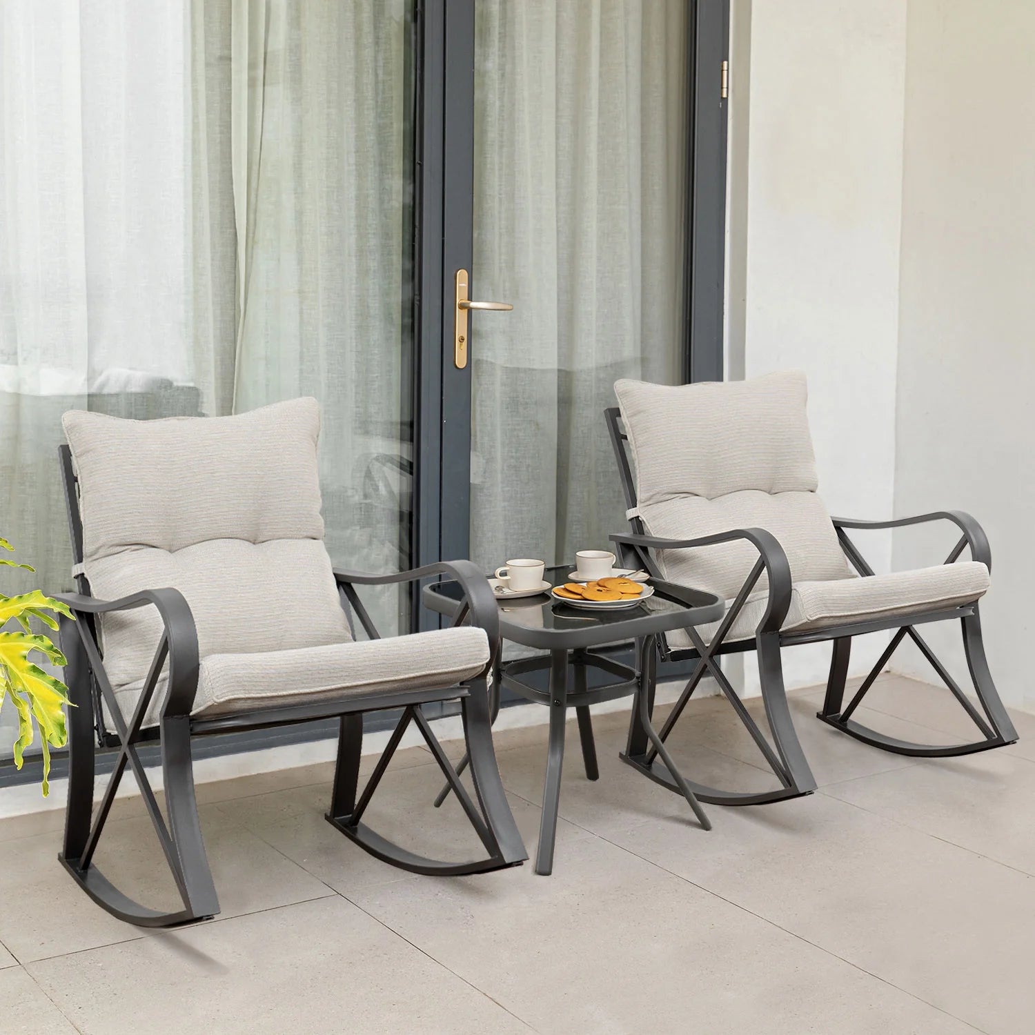 COSIEST 3 Piece Rocking Chair Bistro Set, Patio Outdoor Furniture w Cushions, Glass-Top Table
