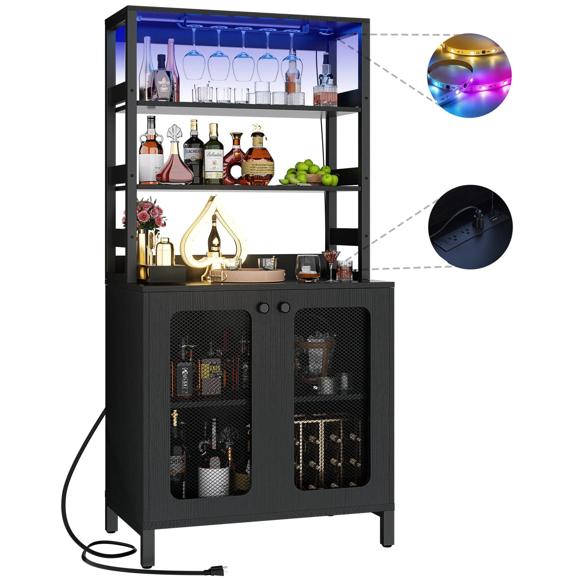 Homieasy Bar Cabinet with Power Outlets, 67" Tall Wine Cabinet Liquor Cabinet with LED Lights and Glass Holder, Coffee Bar Station for Kitchen, Dining Room, Living Room, Black