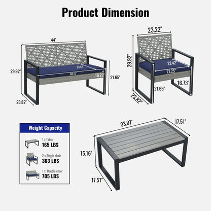 Enyopro 4-Piece Patio Furniture Set, with 2 Arm Chairs, Love Seat & Tempered Glass Coffee Table, Rattan Outdoor Conversation Chair Sets for Patio Porch Deck Balcony, Gray