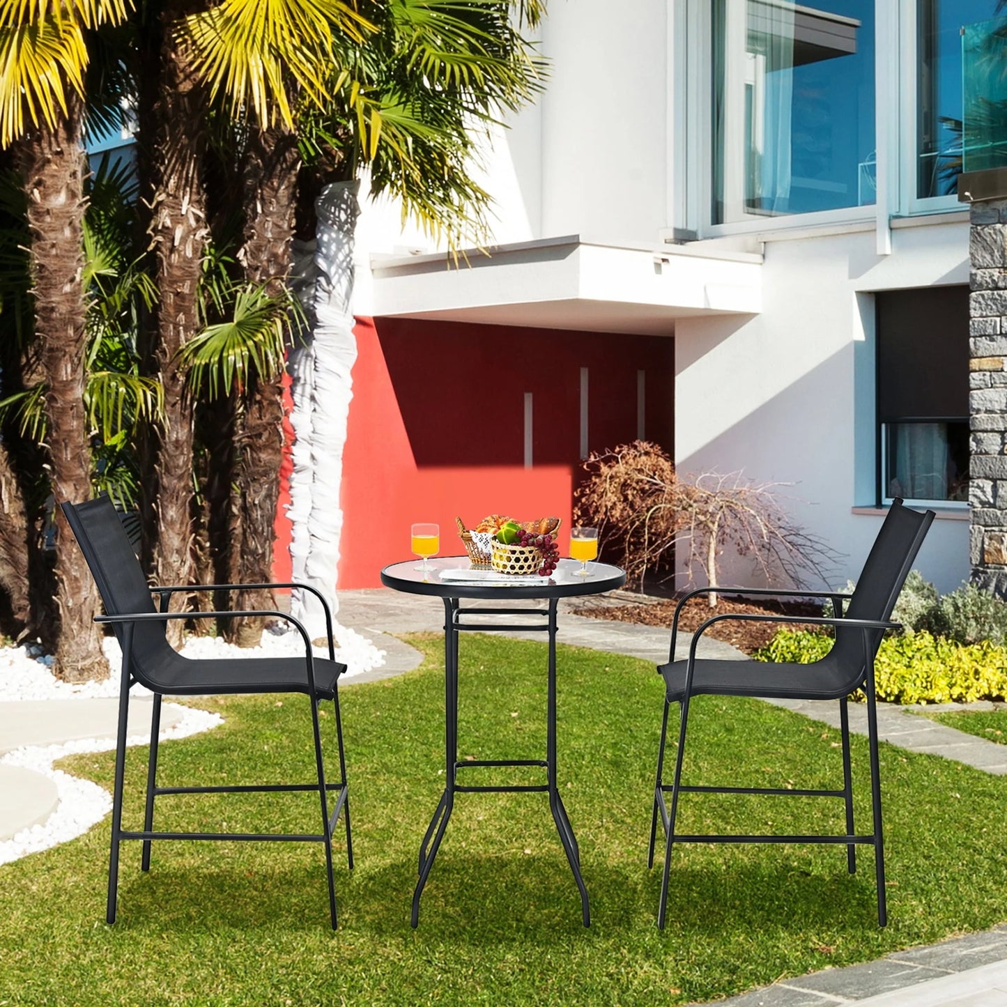 Gymax 3PCS Patio Bar Set Outdoor Bistro Set w/2 Stools & 1 Tempered Glass Table