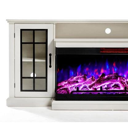 Merluxy 75in 3-Sided Glass Fireplace TV Stand for TVs up to 85", Distressed White