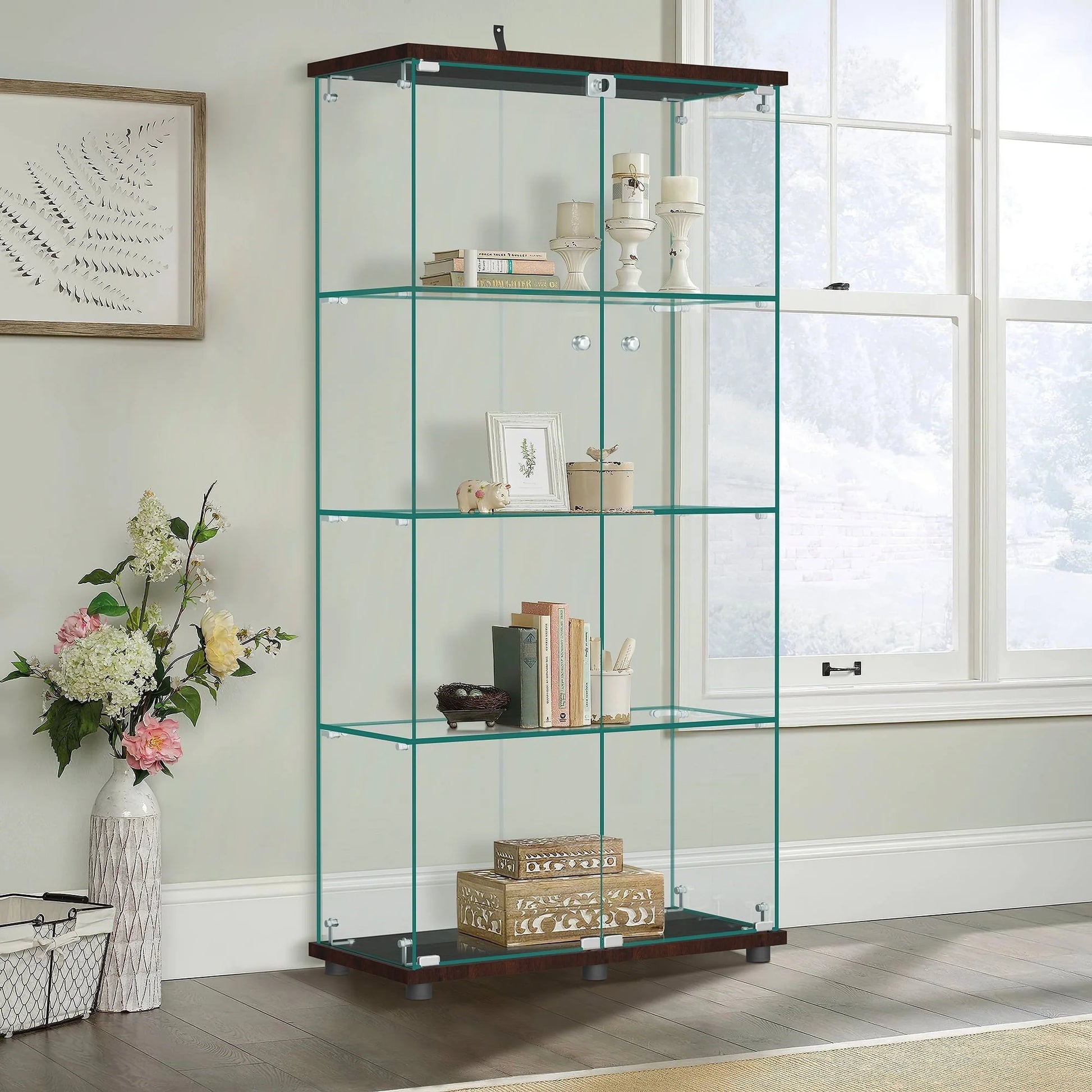 NeuType Glass Display Cabinet Bookcase Glass Frame Bookshelf Brown Double door 64.5"x32"x14.4"
