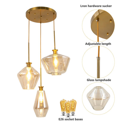 Champagne Gold Glass Chandelier 3 Heads Hanging Pendant Light Ceiling Fixtures